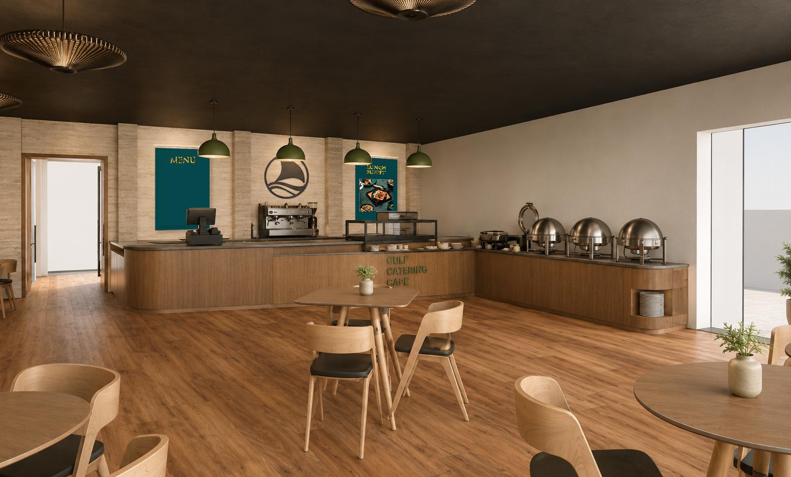 Gulf Catering Café Interior Visualisation Interior visualisation of a Gulf Catering Café with seating, service counter and buffet area.